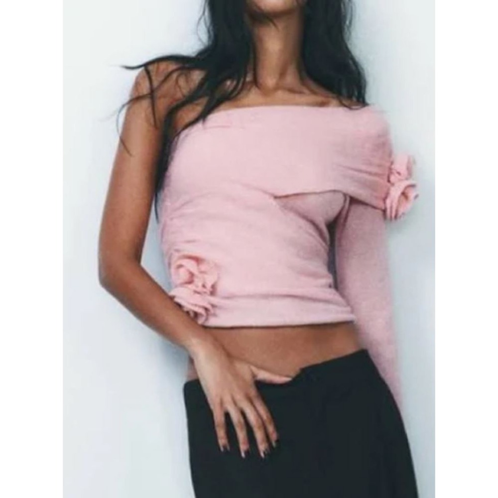 Zara sweater womens L Large 2142/138/620 pink off shoulder 9% wool floral